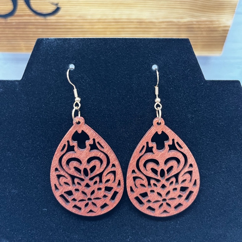 Laser carved wood Teardrop Earrings